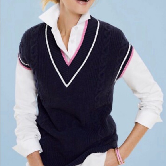 Talbots Sweaters - Talbots Navy V-Neck Cable Sweater with Pink and Cream Trim